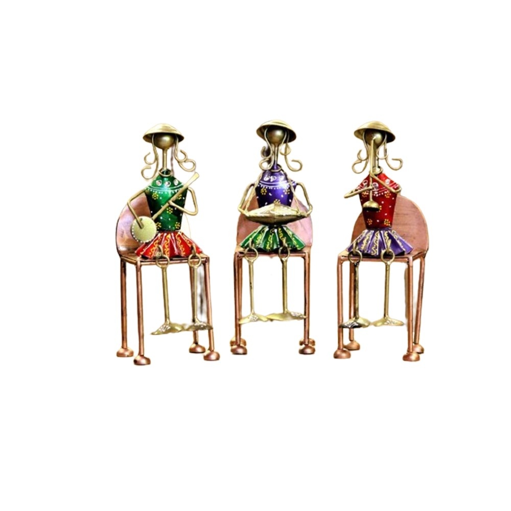 Kalakriti 3 Iron Tribal Lady Musician Table Top Showpiece for Home Decoration and Office Decoration